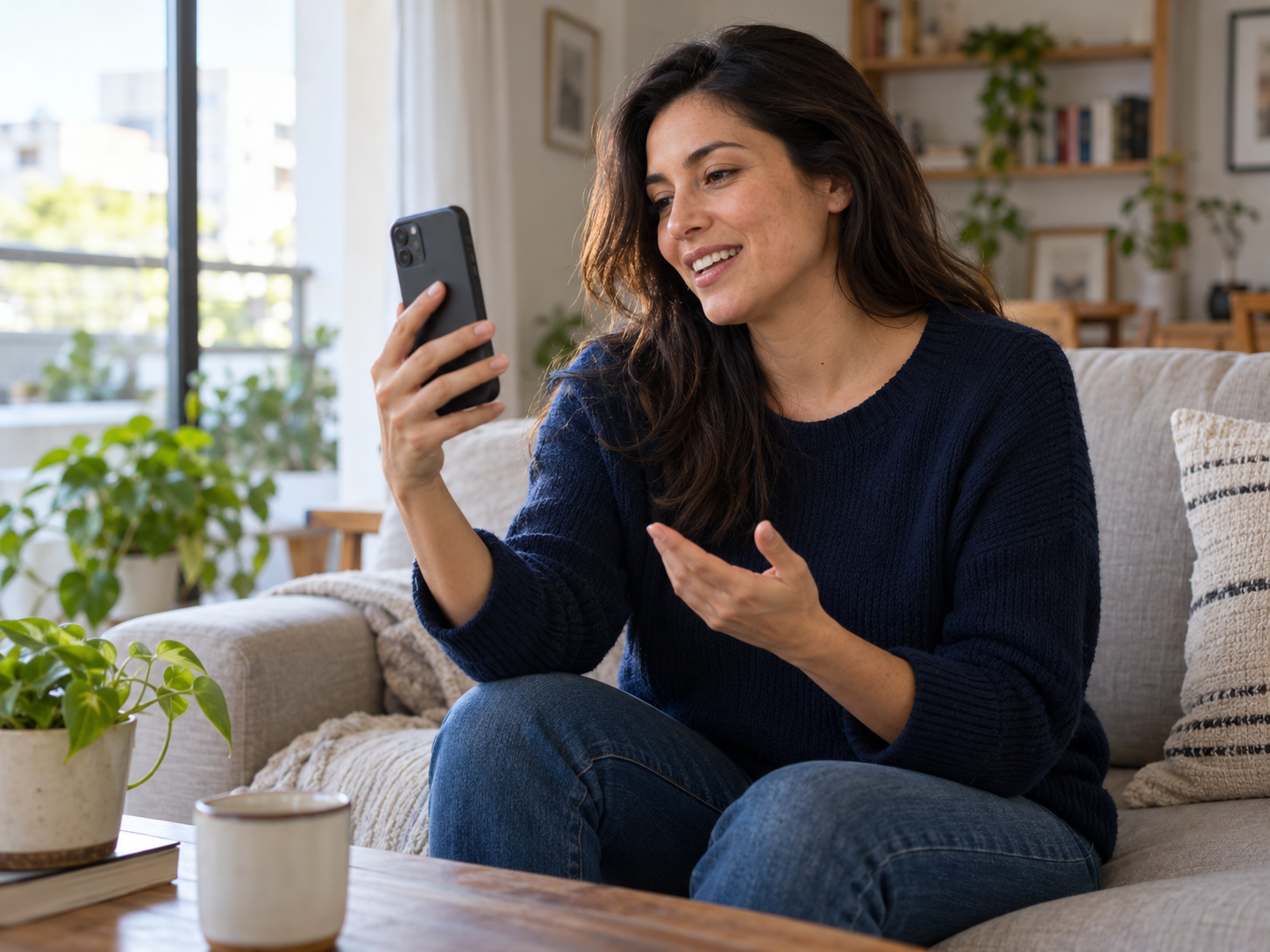 Una mujer conversa por celular desde el living de su casa.